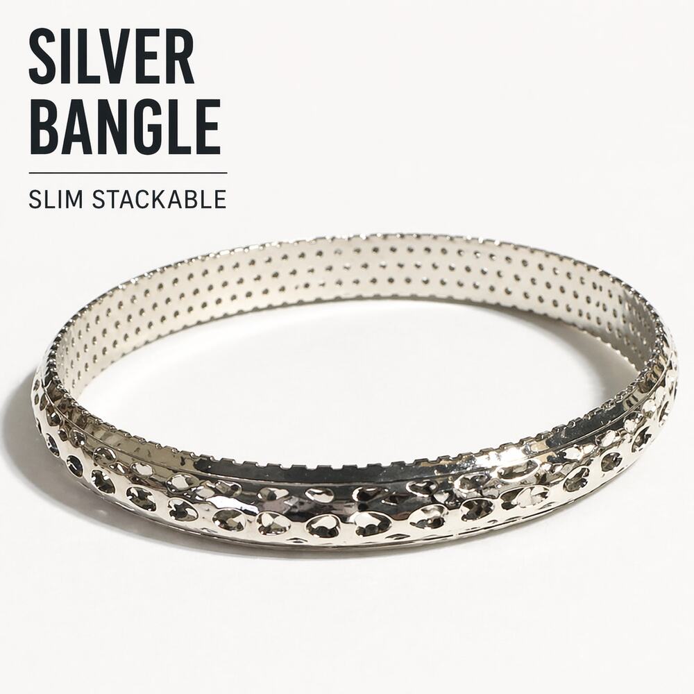 Silver Tone Bangle Bracelet Slim Polished Textured Stackable Minimalist